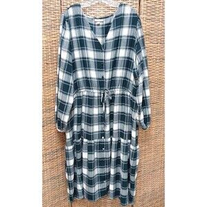 Knox Rose 3x Plaid Dress Midi Green White Button Up Cottage Core Prairie Pockets